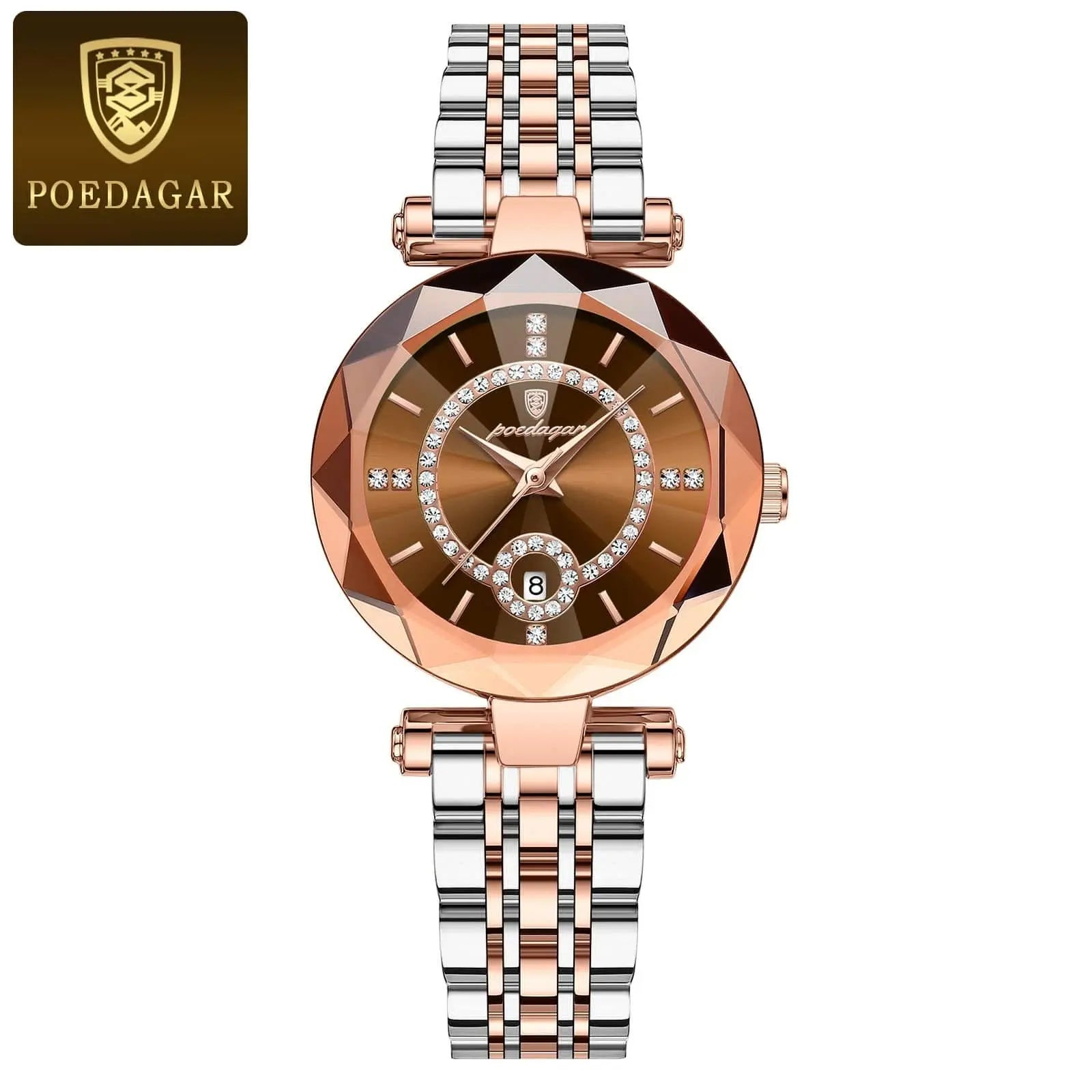 Luxury POEDAGAR women's quartz watch with stainless steel band, waterproof design, and date display.