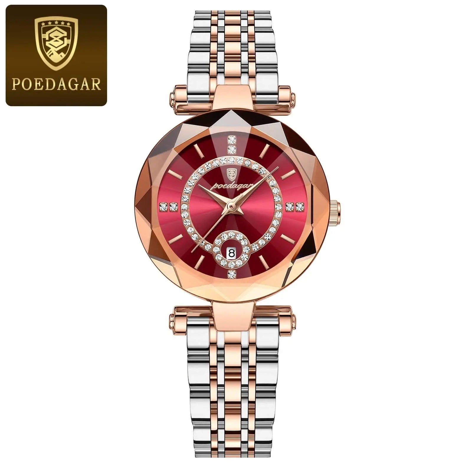 Luxury POEDAGAR women's quartz watch with stainless steel band, waterproof design, and date display.