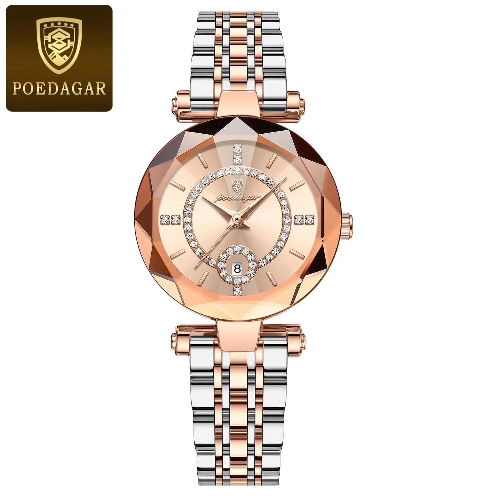 Luxury POEDAGAR women's quartz watch with stainless steel band, diamond accents, waterproof design, and date display.