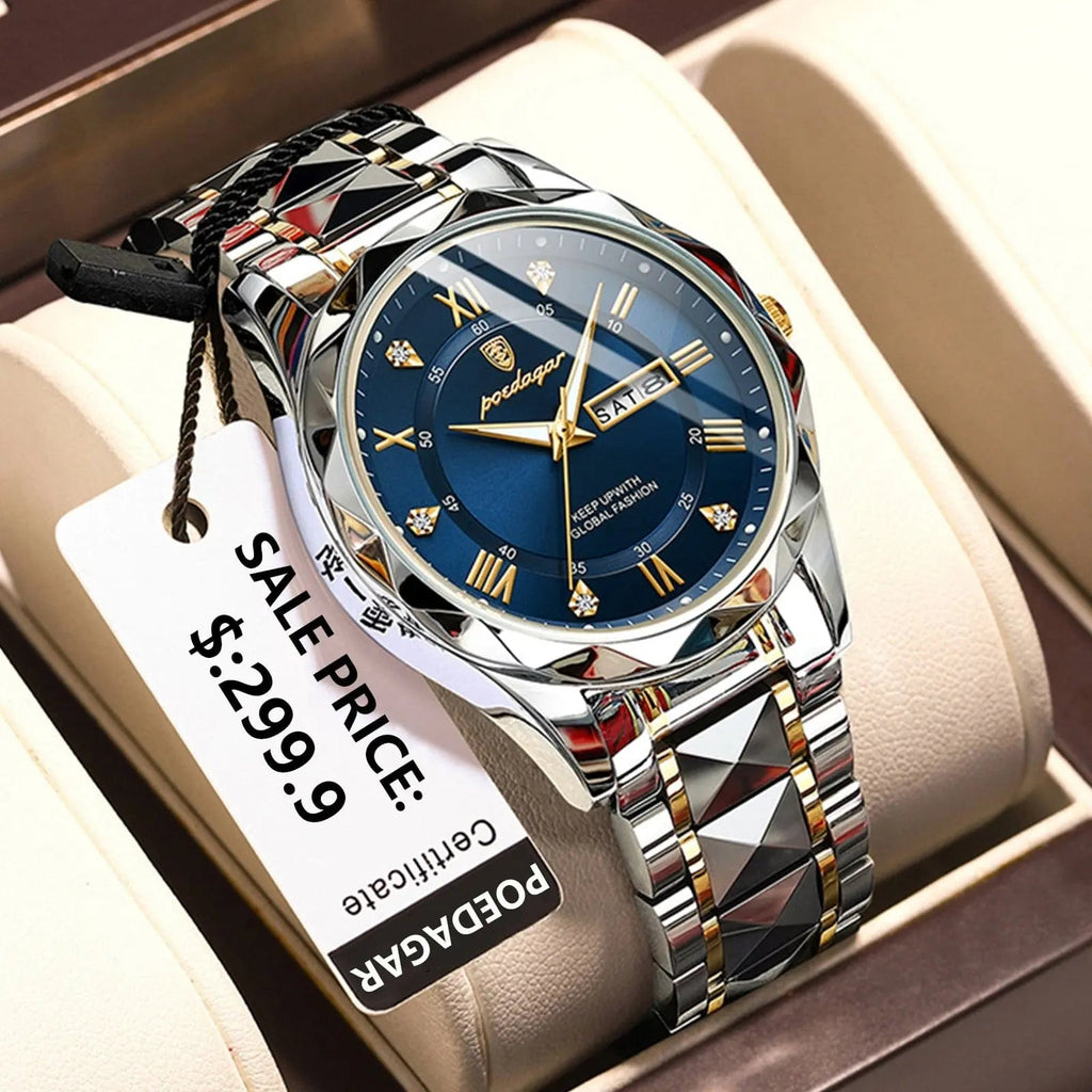Poedagar men's luxury quartz watch with stainless steel band, waterproof design, luminous dial, and date display.