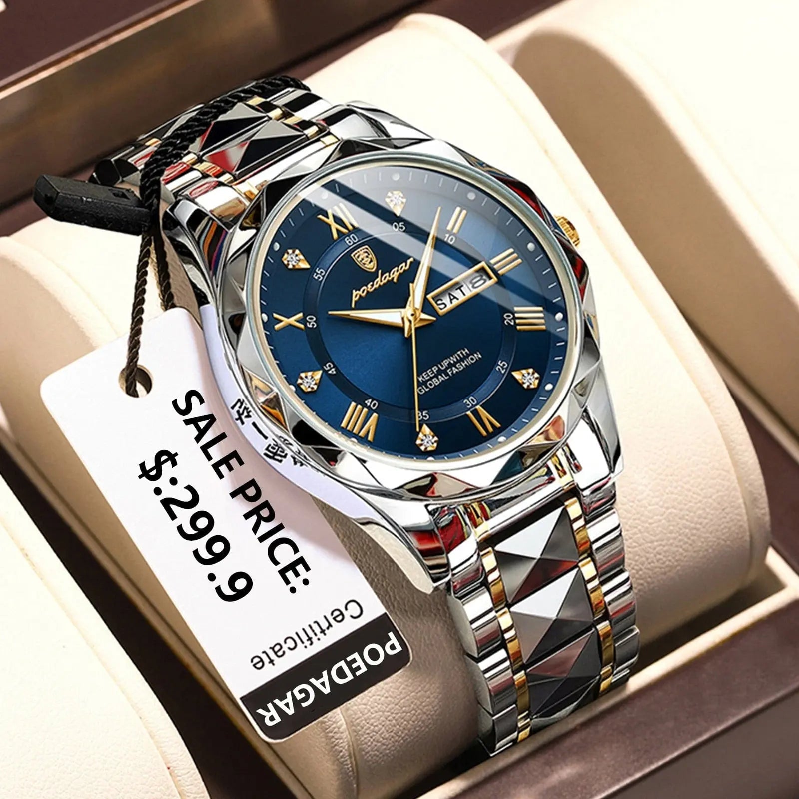 Poedagar men's luxury quartz watch with stainless steel band, waterproof design, luminous dial, and date display.