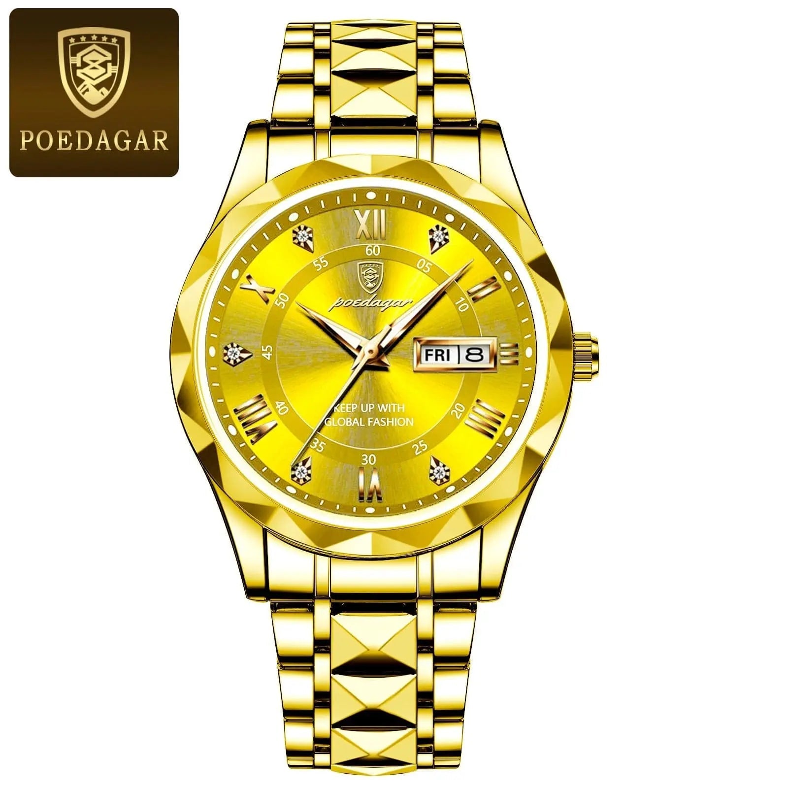 Poedagar men's luxury quartz wristwatch with stainless steel band, waterproof design, luminous dial, and date display.