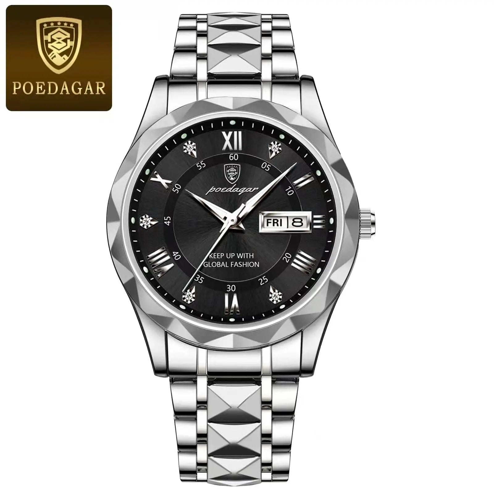 Poedagar men's luxury quartz wristwatch with stainless steel case, waterproof design, luminous dial, and date display.