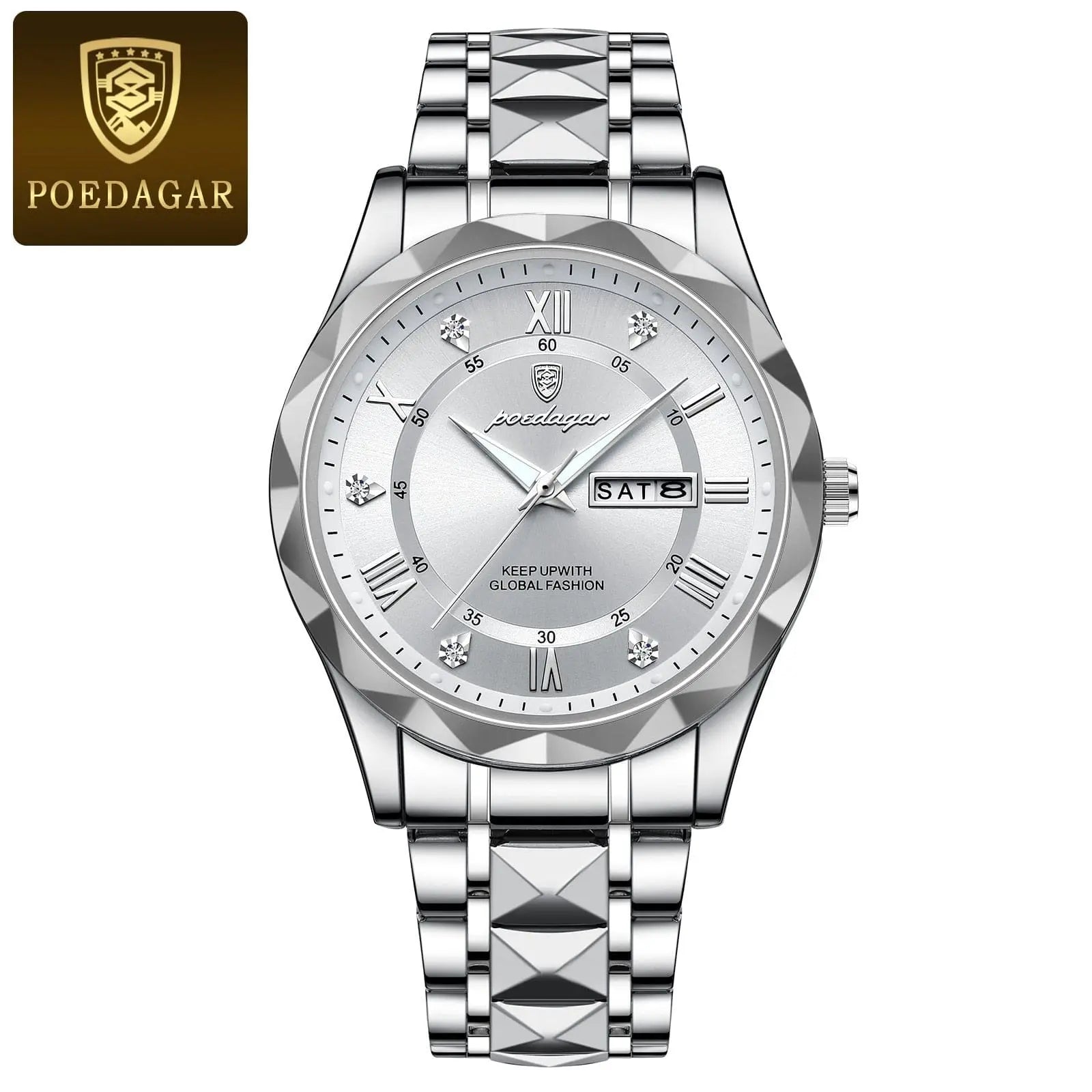 Poedagar men's luxury quartz wristwatch with stainless steel case, waterproof design, luminous dial, and date display.
