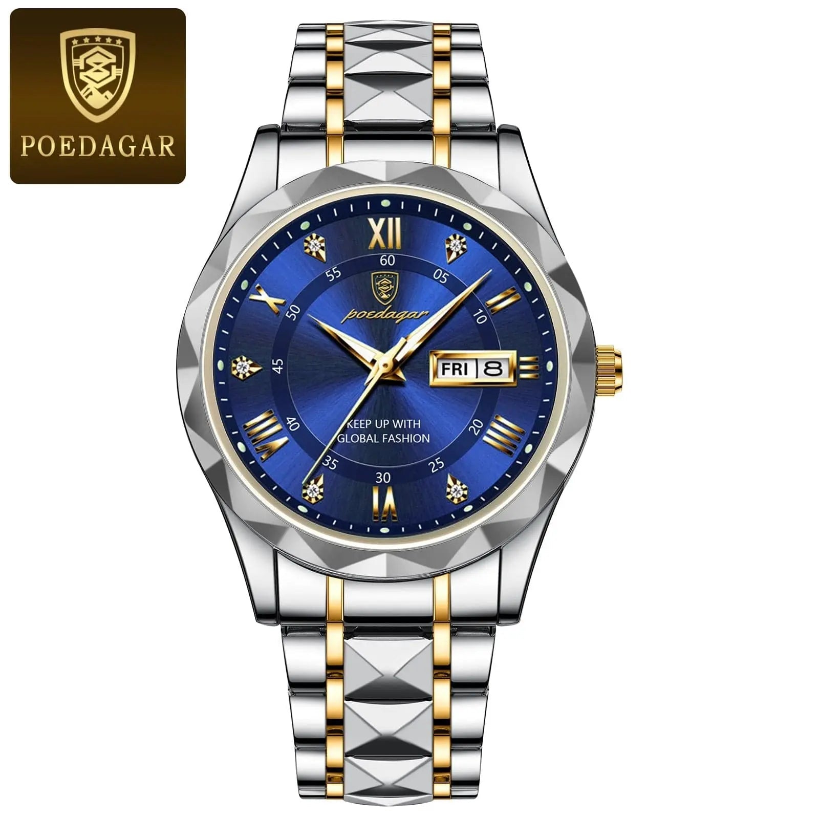 Poedagar men's luxury stainless steel quartz wristwatch with waterproof design, luminous dial, date, and week display.