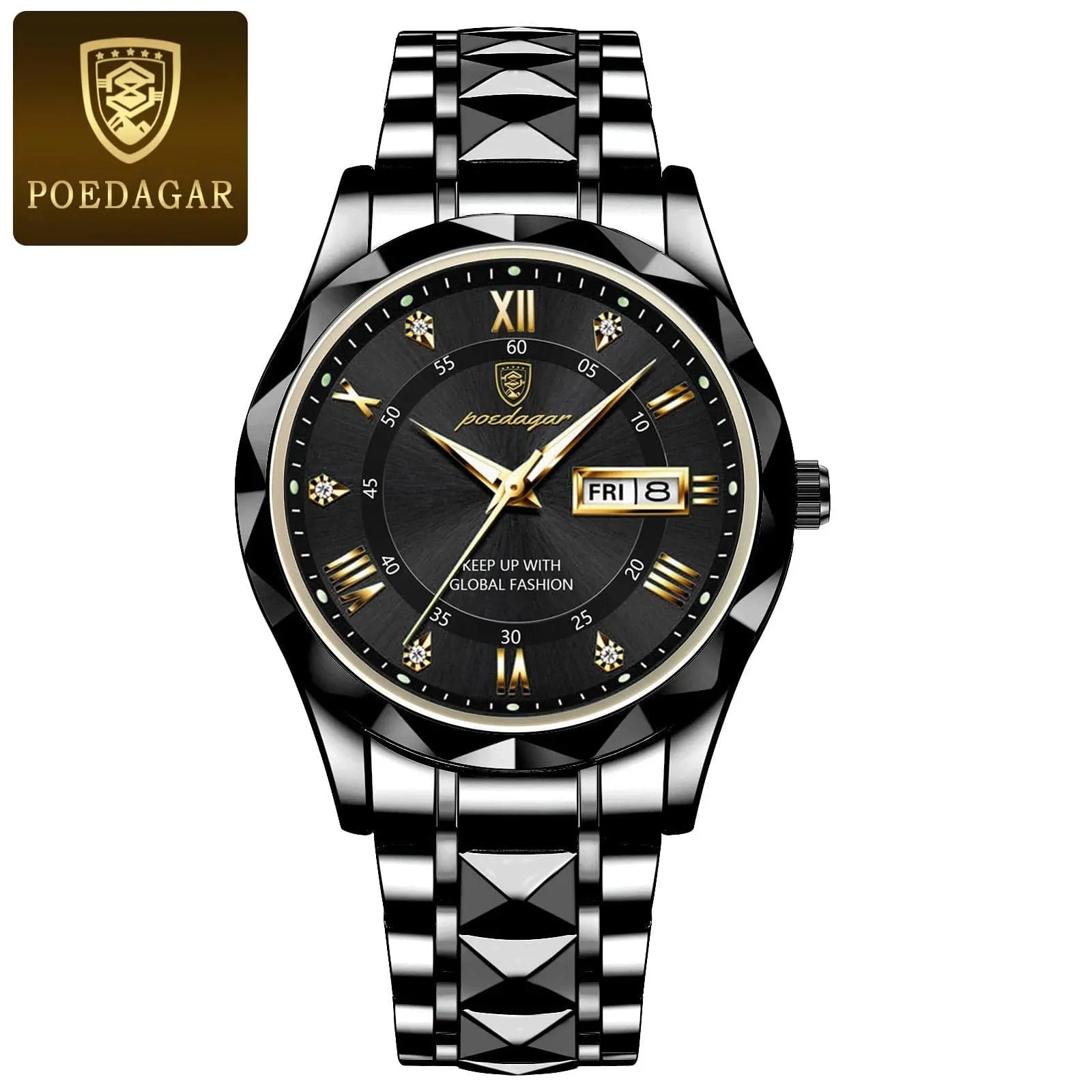 Poedagar men's luxury stainless steel quartz wristwatch with luminous dial, waterproof design, and date display.