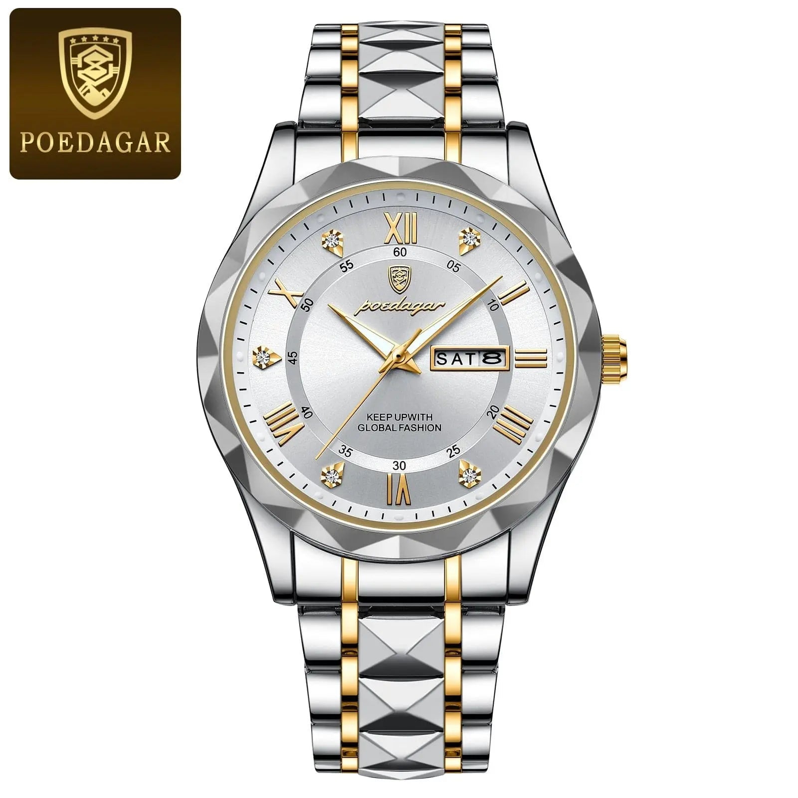 Poedagar men's luxury quartz wristwatch with stainless steel band, waterproof design, luminous dial, and date display.