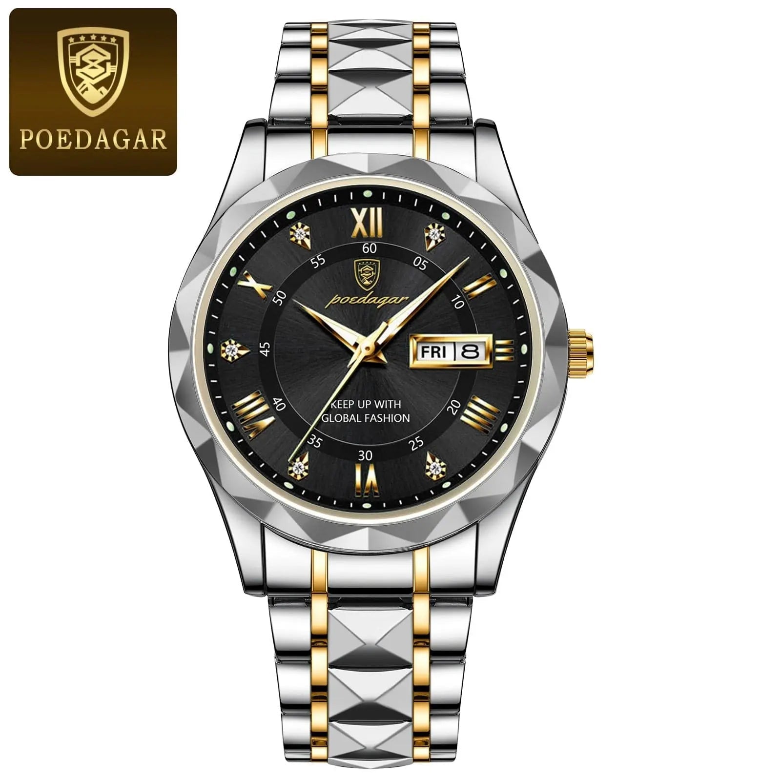 Poedagar men's luxury quartz wristwatch with stainless steel band, waterproof design, luminous dial, and date display.