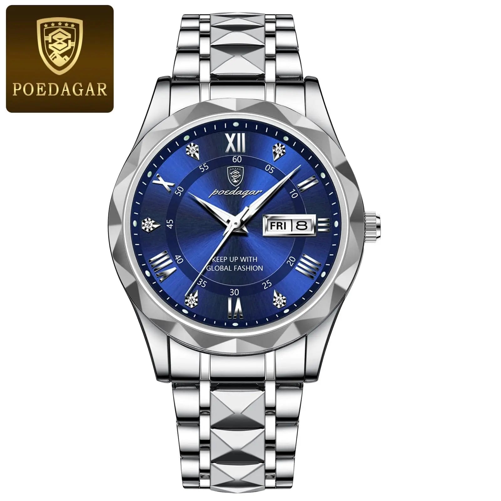 Poedagar men's luxury quartz wristwatch with stainless steel band, waterproof design, luminous dial, and date display.