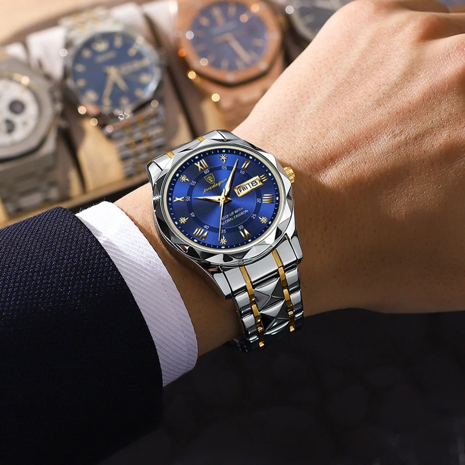 Poedagar men's luxury quartz stainless steel waterproof wristwatch with luminous dial and date display.