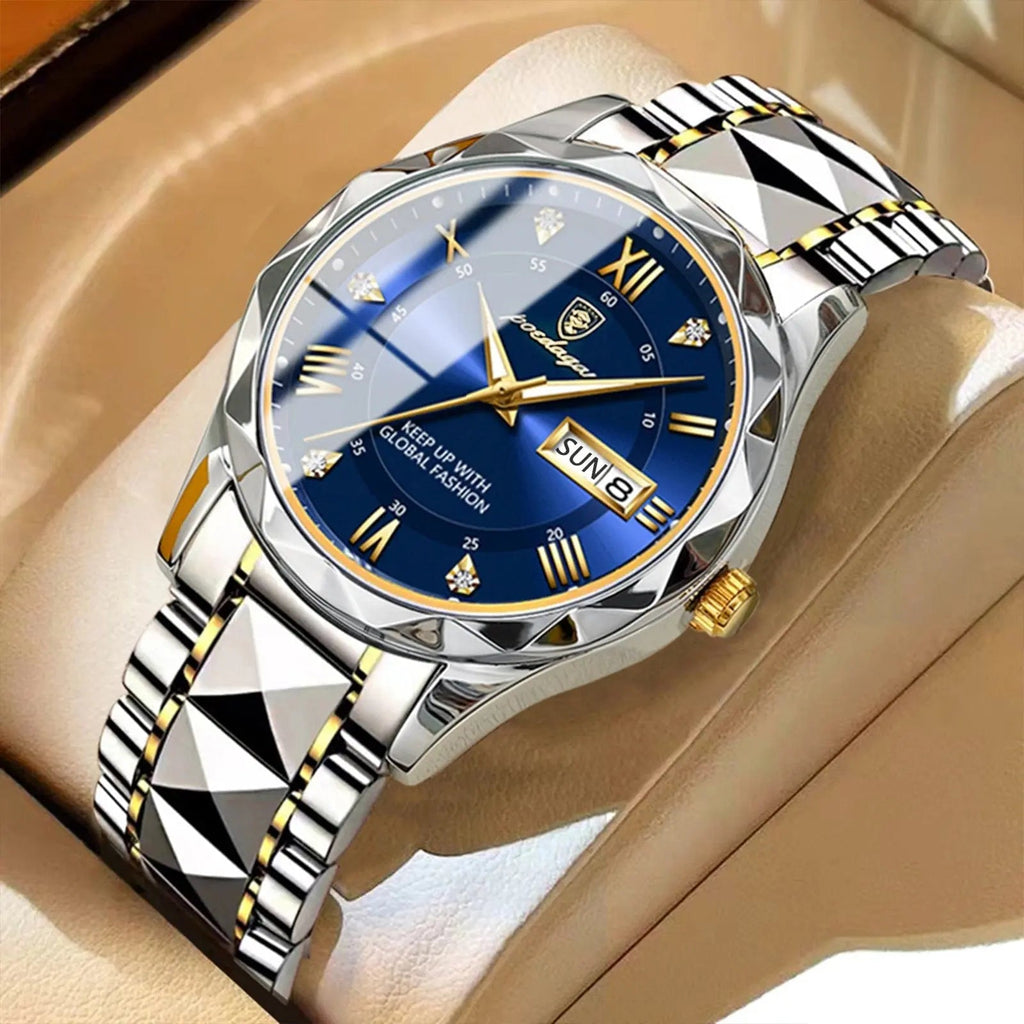 Poedagar men's luxury quartz wristwatch with stainless steel band, waterproof design, luminous dial, and date display.