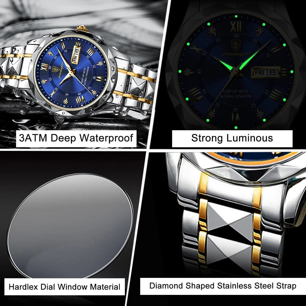 Poedagar men's luxury stainless steel quartz waterproof wristwatch with luminous dial and date display.