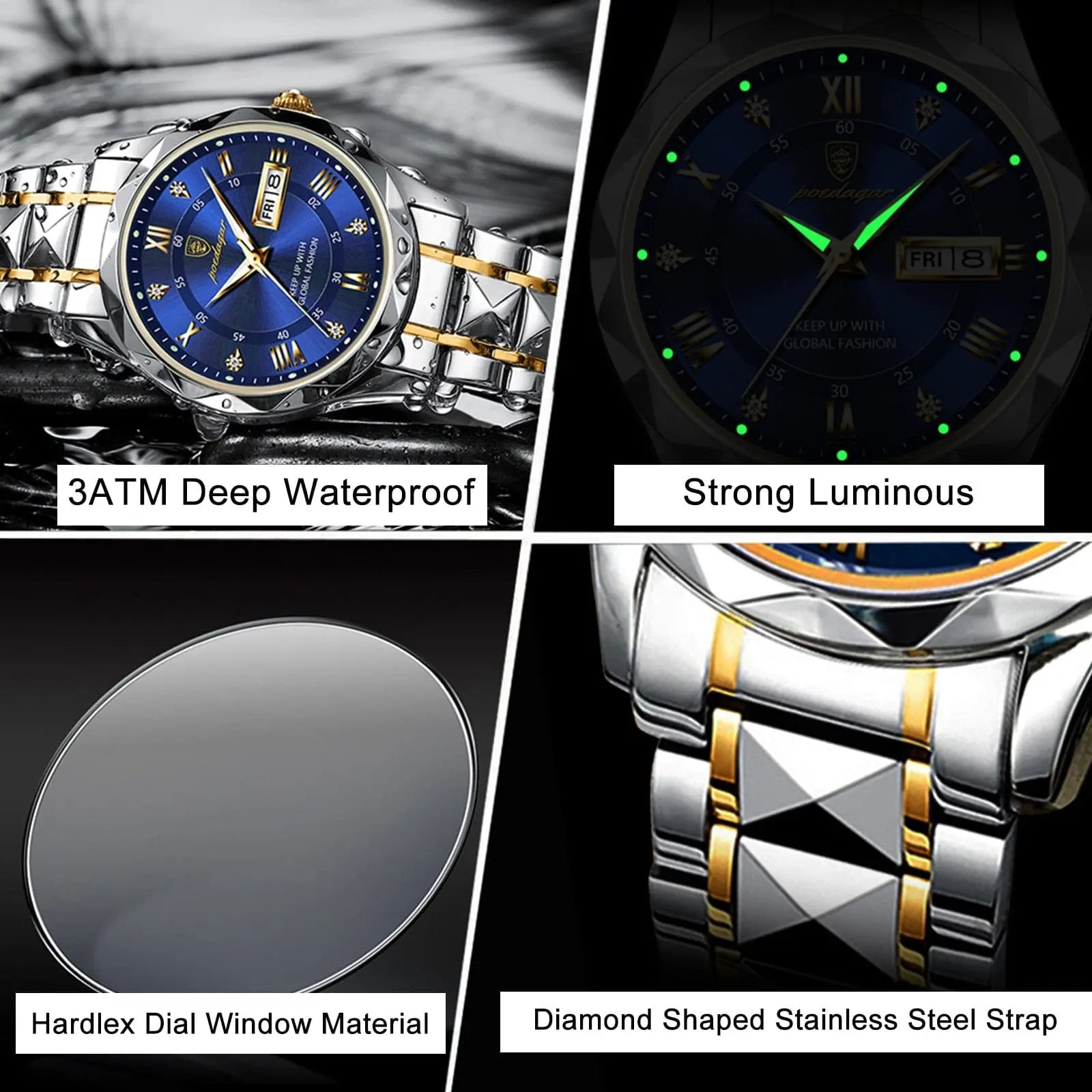 Poedagar men's luxury stainless steel quartz waterproof wristwatch with luminous dial and date display.