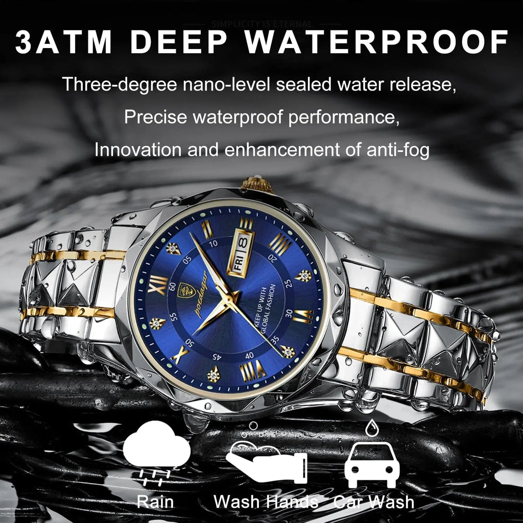 Poedagar men's luxury quartz wristwatch with stainless steel band, waterproof design, luminous dial, and date display.