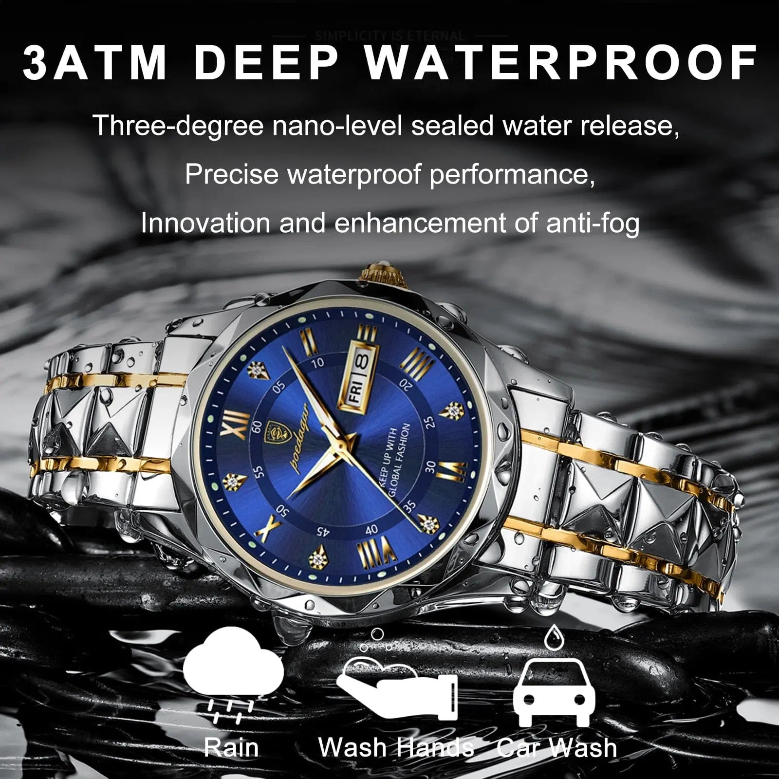 Poedagar men's luxury quartz wristwatch with stainless steel band, waterproof design, luminous dial, and date display.