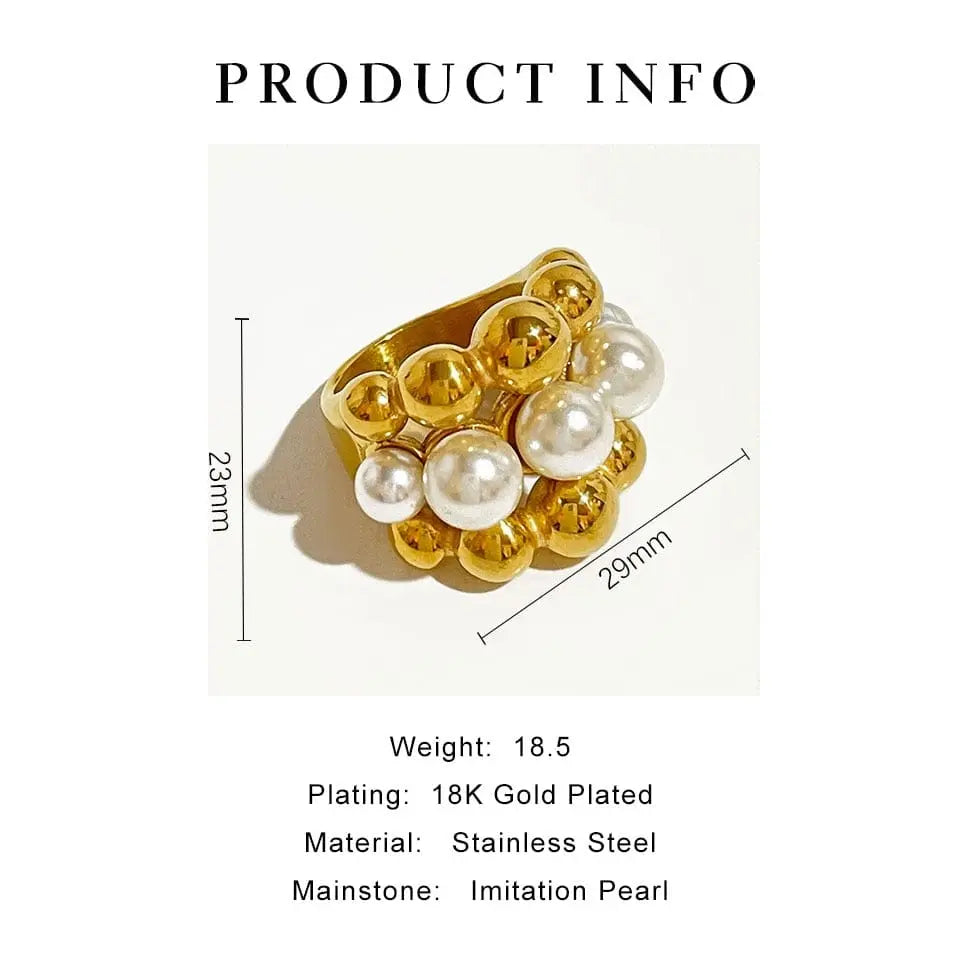 Chunky gold-plated stainless steel statement ring with faux pearls, bold and large design, perfect for women’s jewelry styles.