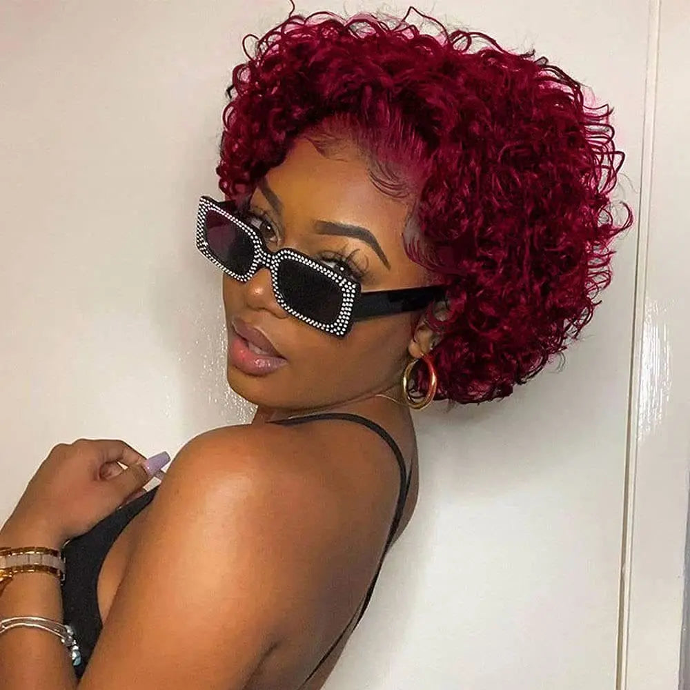 Showlu Fashion brown lace wig with curly pixie cut, short bob style, Remy human hair, 1B/30 color for women.