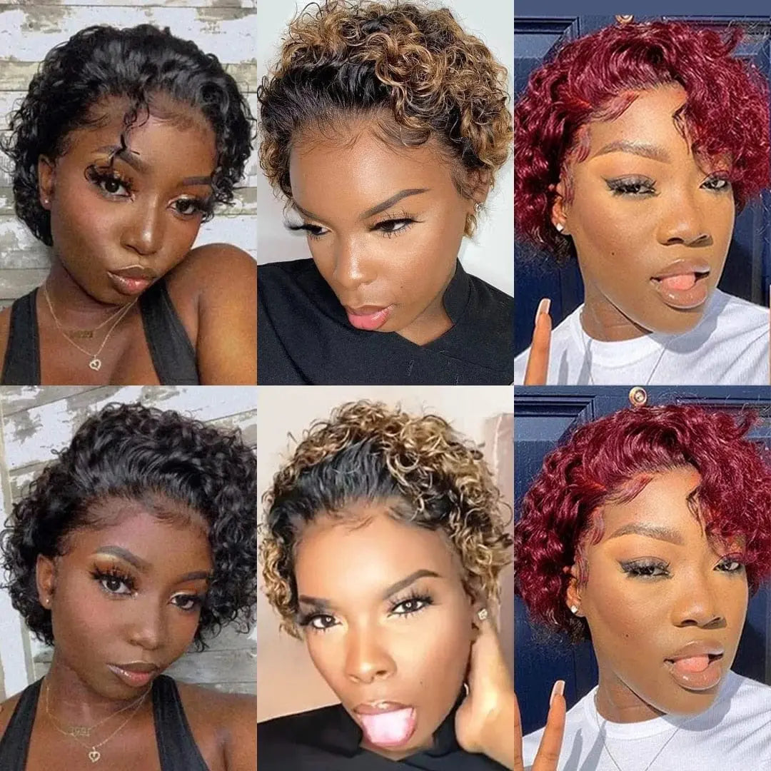 Showlu Fashion Showlu Fashion Jarin curly short bob lace wig in 1B/30 brown Remy hair with a spring curl pixie cut for women.