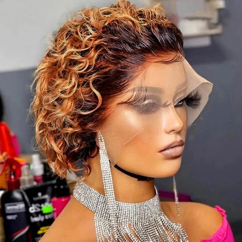 Brown Remy lace wig featuring a curly pixie cut with short bob style, showcasing natural 1B/30 color and spring curls.