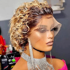 Showlu Fashion Store 0 Pixie Cut Wig 1B 30 Brown Color Lace Wig Spring curl Short Bob Human Hair Wig For Women Natural Color Blonde Burgundy Color Remy