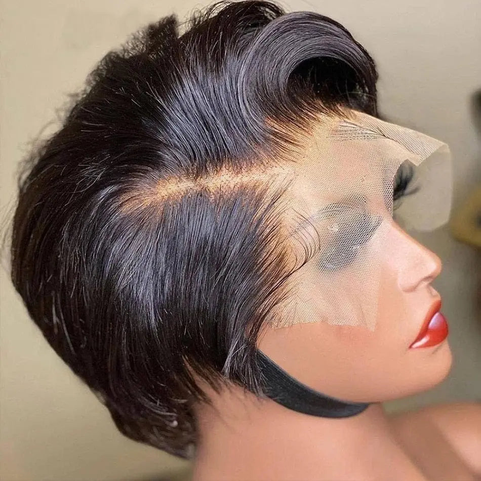 Showlu Fashion Pixie cut wig made of Brazilian Remy human hair with a transparent lace front, short bob style for women.