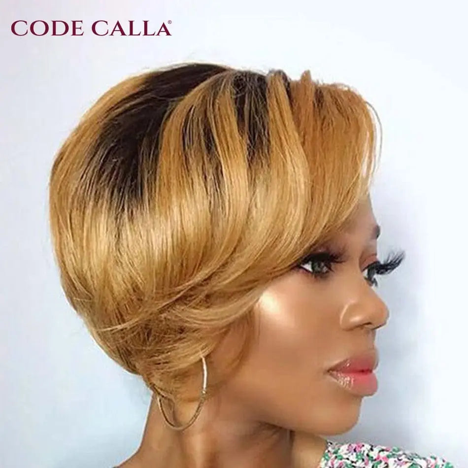 Brazilian Remy human hair pixie cut wig with transparent lace, short straight bob style, T-part lace, by Showlu Fashion Store.