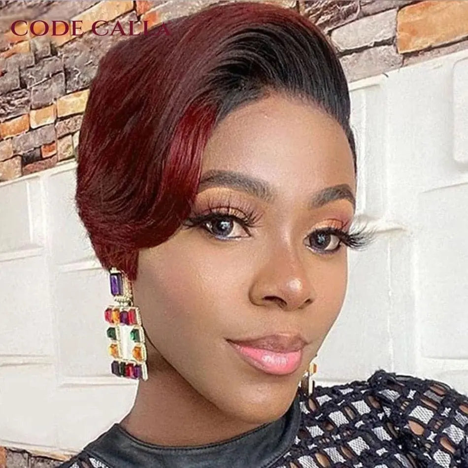 Showlu Fashion Brazilian Remy human hair short pixie cut lace wig for women, straight bob style with T-part lace closure.