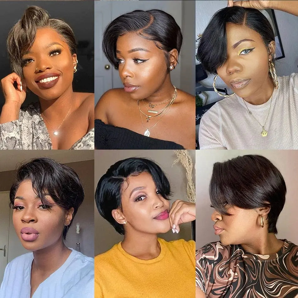 Showlu Fashion Store Brazilian Remy human hair pixie cut wig with a transparent lace front, short straight bob style for women.