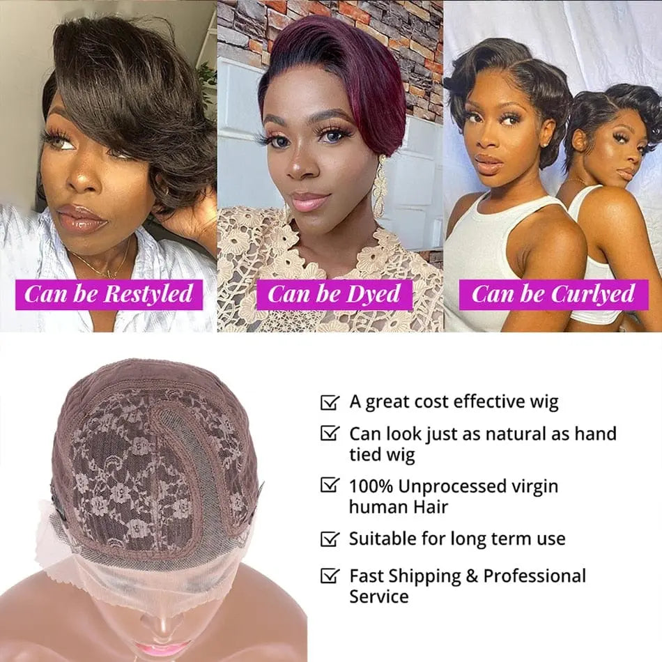 Showlu Fashion Brazilian Remy human hair pixie cut lace wig with straight short bob style and T-part lace for women.