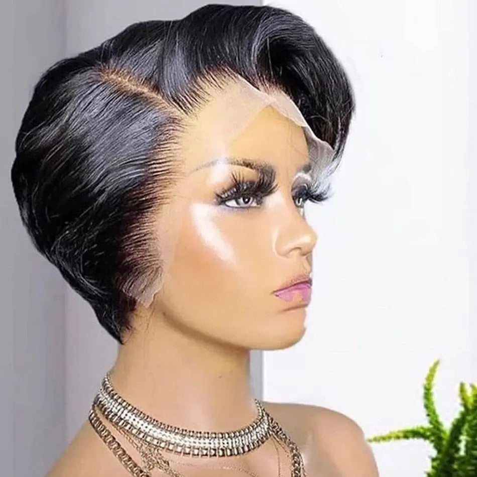 Showlu Fashion Store Brazilian Remy human hair pixie cut wig with transparent lace, straight short bob style for women.