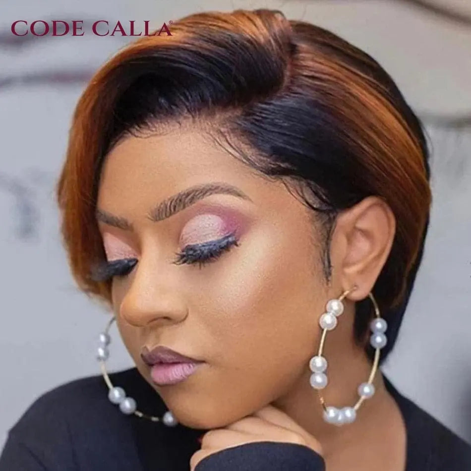 Showlu Fashion Store Brazilian Remy human hair pixie cut wig with transparent lace, short straight bob style for women.