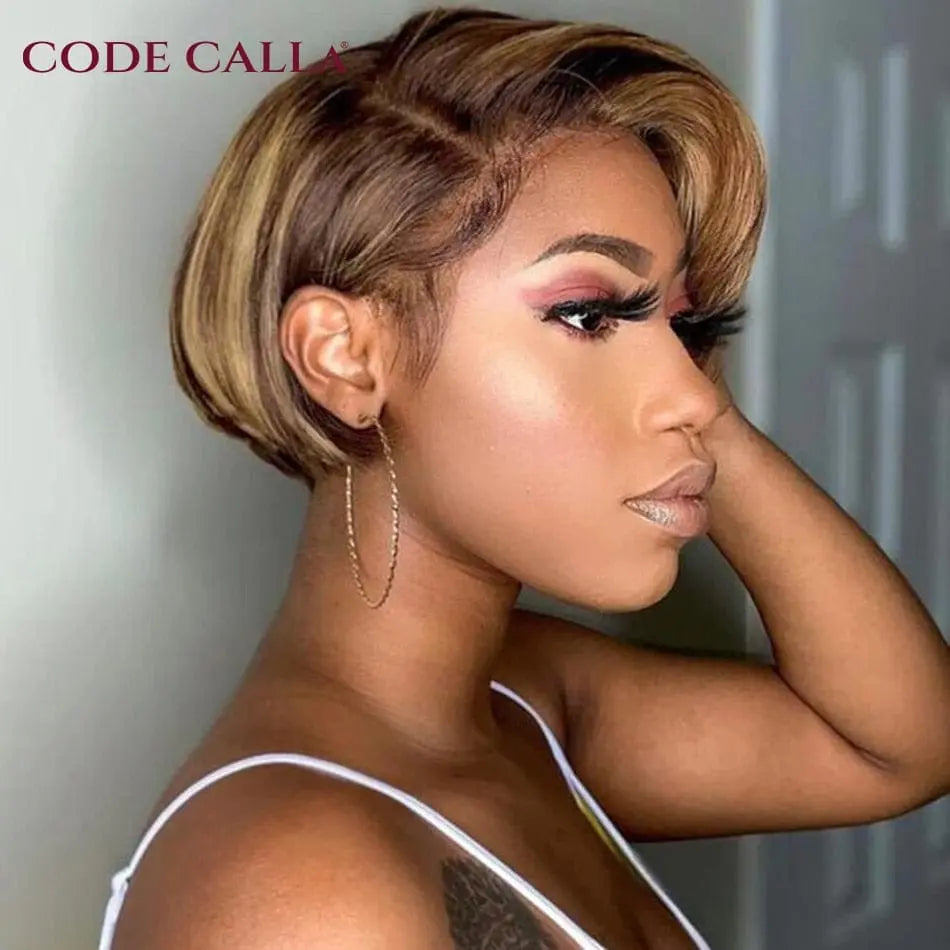 Showlu Fashion Calla Pixie Cut lace wig with straight Brazilian Remy human hair, short bob style, T-part lace for women.
