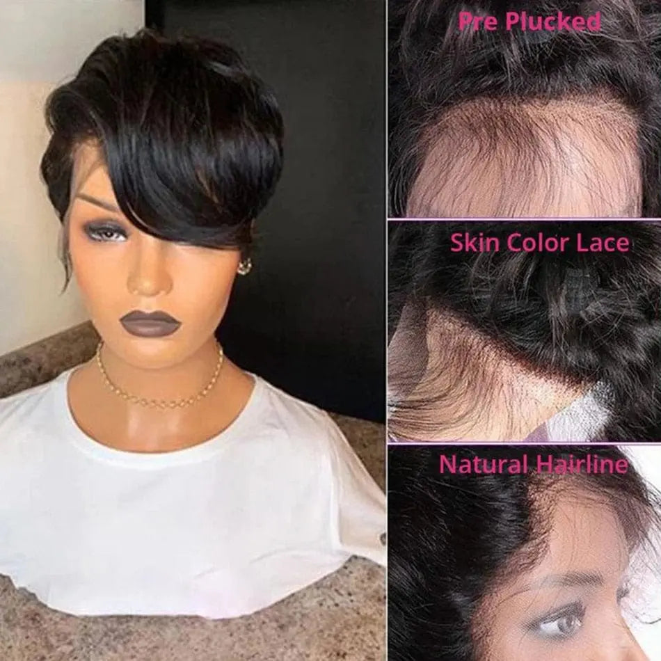 Showlu Fashion Store Brazilian Remy human hair pixie cut wig with transparent lace, short straight bob style for women.