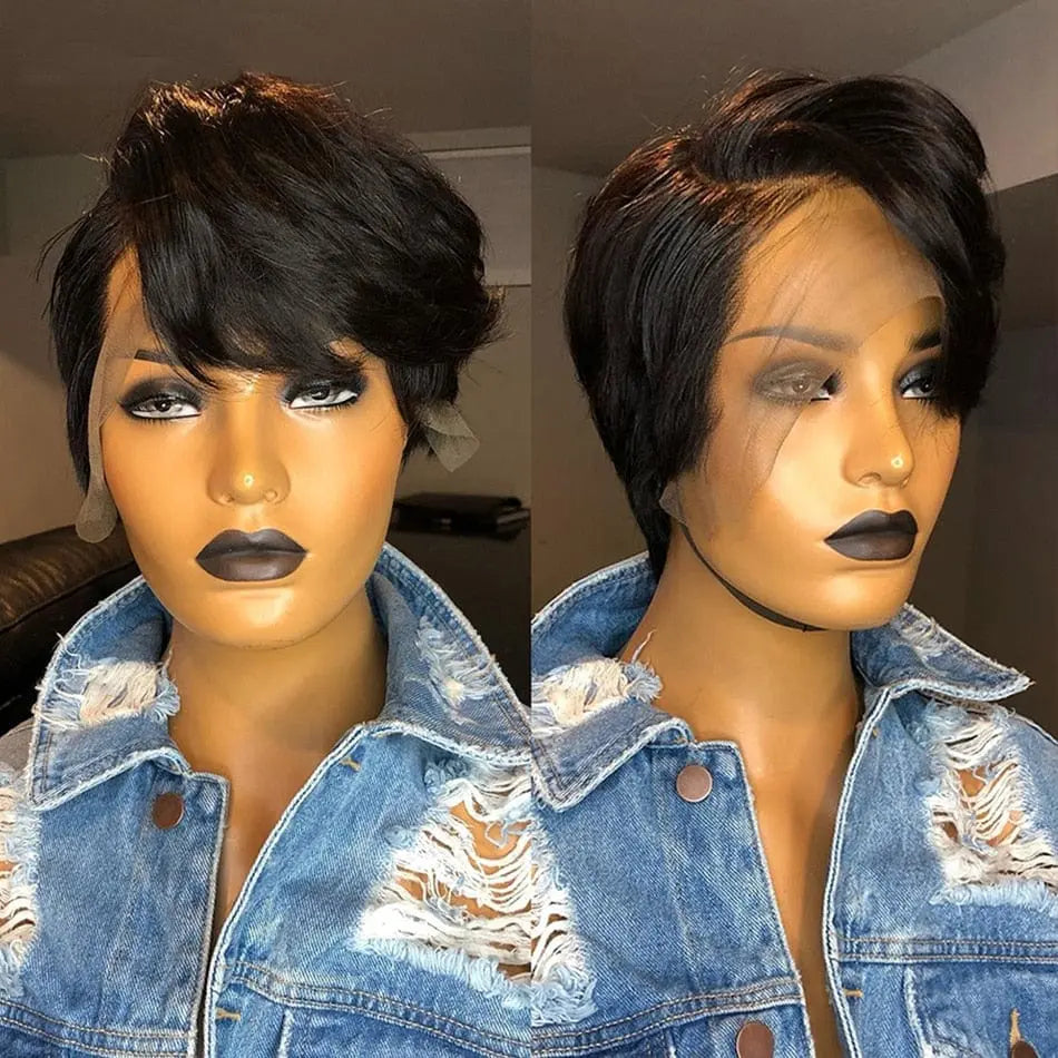 Showlu Fashion Brazilian Remy human hair pixie cut wig with transparent lace, short straight bob style for women.
