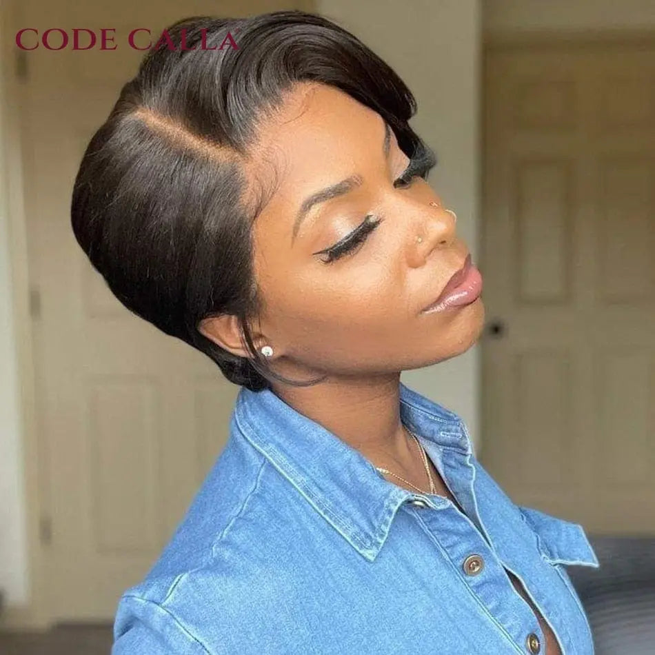 Showlu Fashion Store Brazilian Remy human hair Pixie cut wig with lace front, short bob style, straight T-part for women.