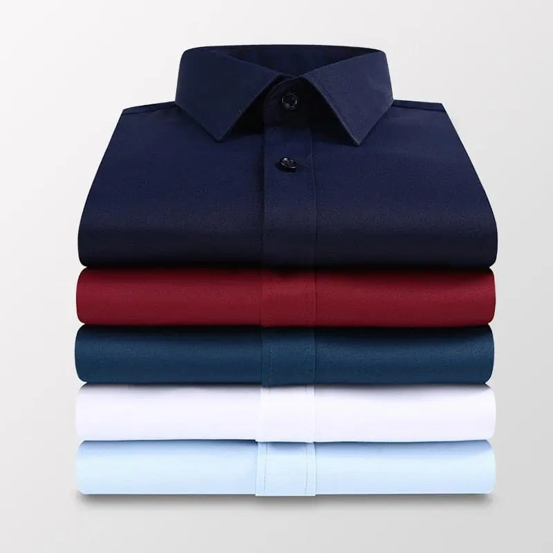 Brother Wang men's slim fit solid white cotton dress shirt, plus size 5XL-7XL, long sleeve, casual business style.