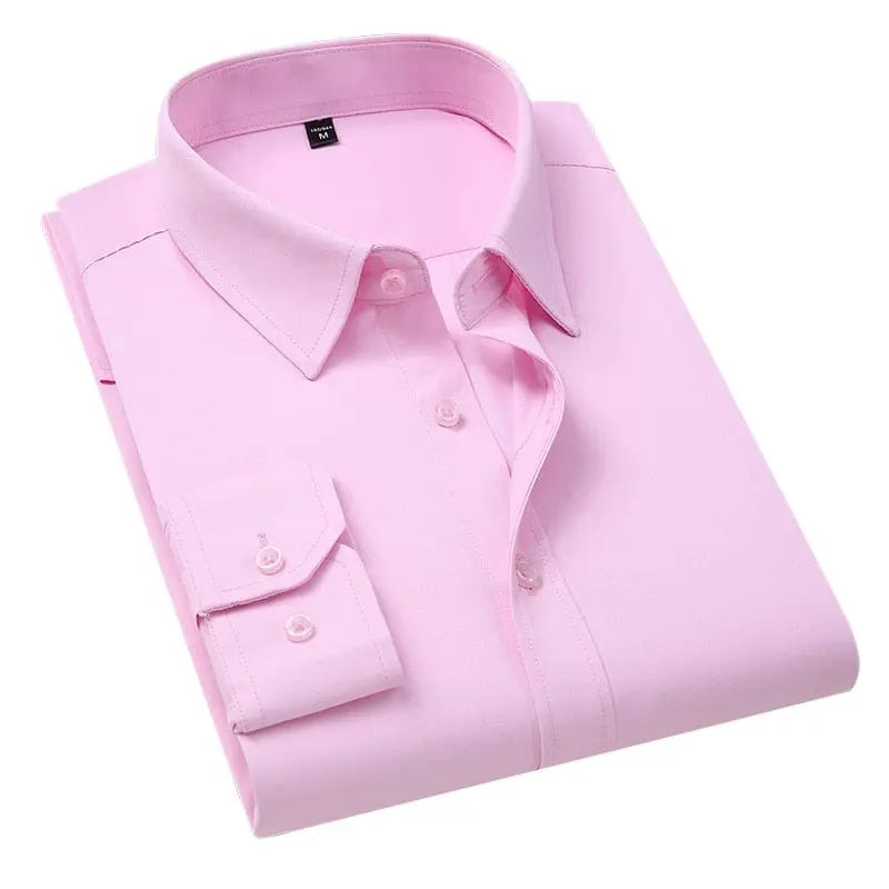 Plus-size white men's slim fit business dress shirt made of cotton with long sleeves, ideal for formal or casual wear.