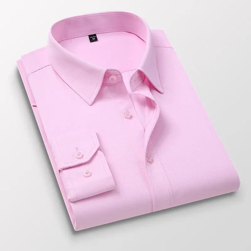 Plus-size white Brother Wang men's slim fit business dress shirt in cotton, long sleeve, solid color, casual and professional style.