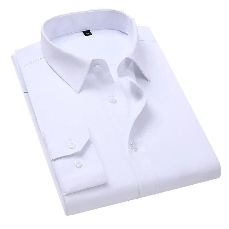 Plus-size white cotton men's slim fit business dress shirt with long sleeves, showcased on a model for a professional look