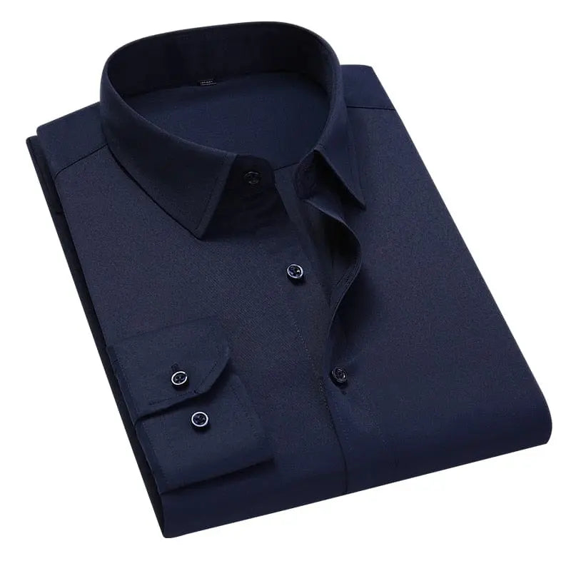 Brother Wang men's slim fit white cotton dress shirt, plus size 5XL-7XL, long sleeve, solid color, formal business casual style