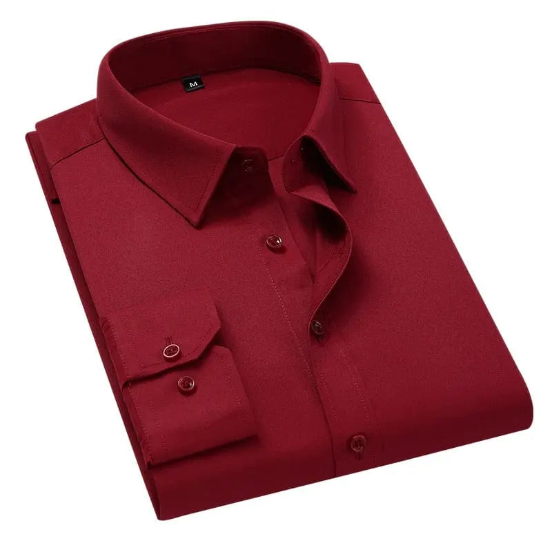 Plus-size white men's slim fit dress shirt by Brother Wang, long sleeve cotton business shirt for casual or formal wear.