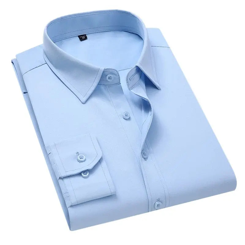 Brother Wang men's slim fit white cotton dress shirt in plus size, long sleeve, solid color, suitable for business or casual wear
