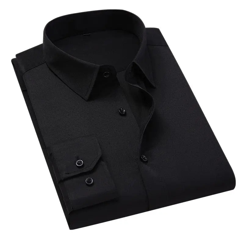 Plus-size white men's slim fit business dress shirt with long sleeves, made of solid cotton fabric, suitable for formal and casual wear.