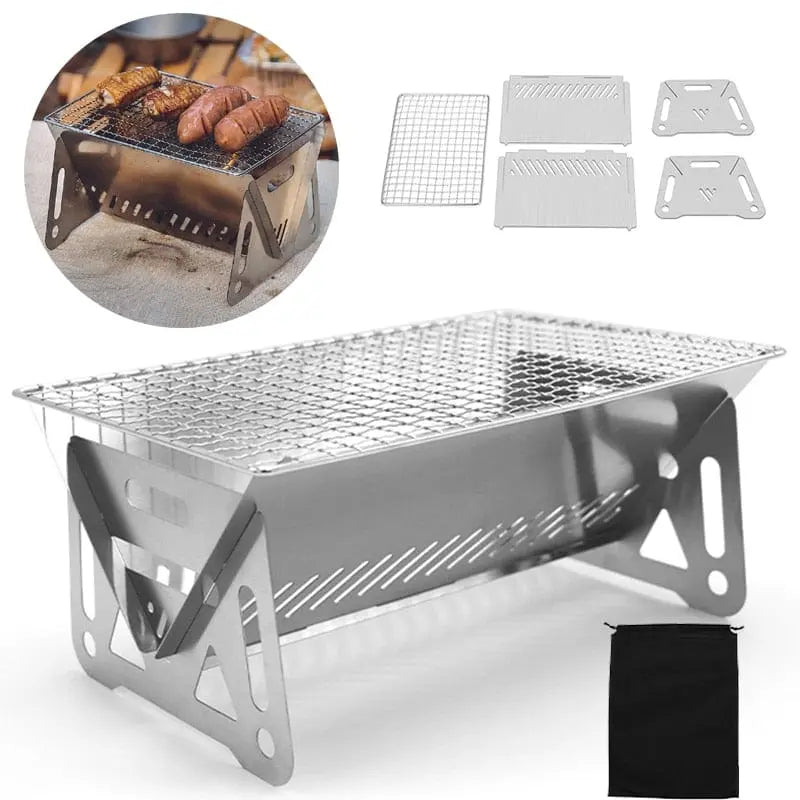 Showlu Fashion Store portable folding stainless steel BBQ grill and camping wood stove with a compact design and grilling rack.