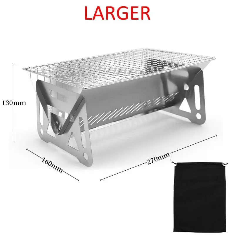 Portable folding stainless steel BBQ grill for camping, featuring a compact design and wood stove functionality.
