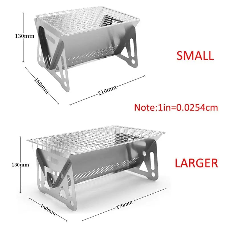 Portable folding stainless steel BBQ grill and camping wood stove with a compact design for outdoor cooking and camping.