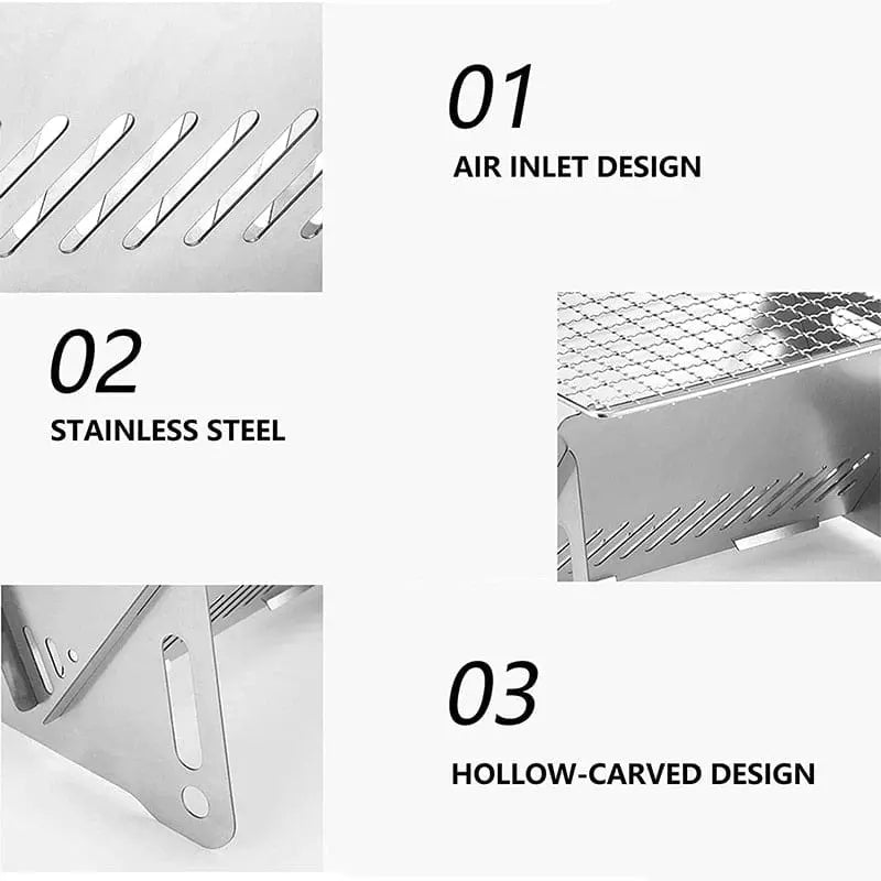 Portable stainless steel folding BBQ grill and camping wood stove with rack for outdoor cooking and firewood use.