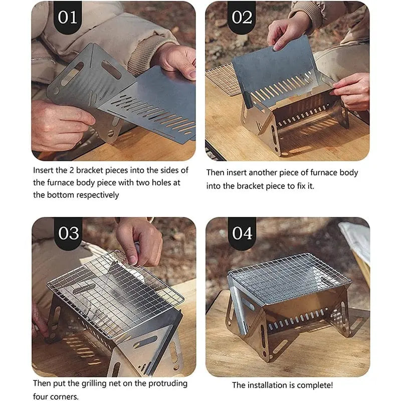 Showlu Fashion Store portable folding stainless steel BBQ grill for camping, featuring a compact design and wood stove functionality.