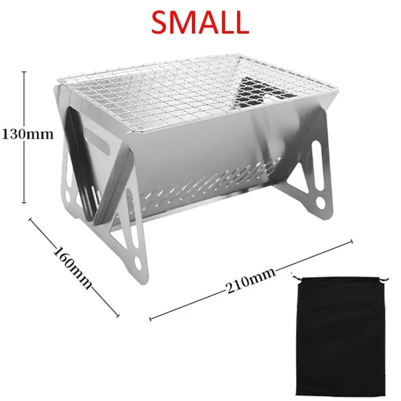 Showlu Fashion Store portable folding stainless steel BBQ grill for camping, with a compact design and grilling rack for outdoor cooking