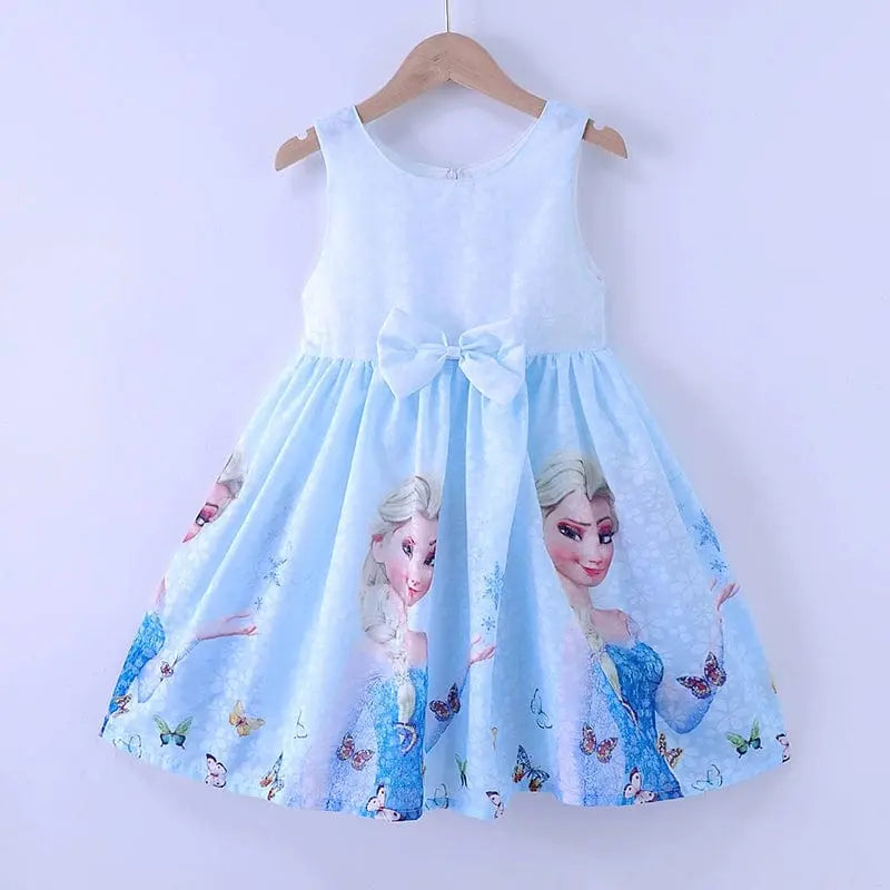 Girls Elsa princess dress with pure cotton sleeveless vest skirt, featuring a summer-inspired design and vibrant blue color.